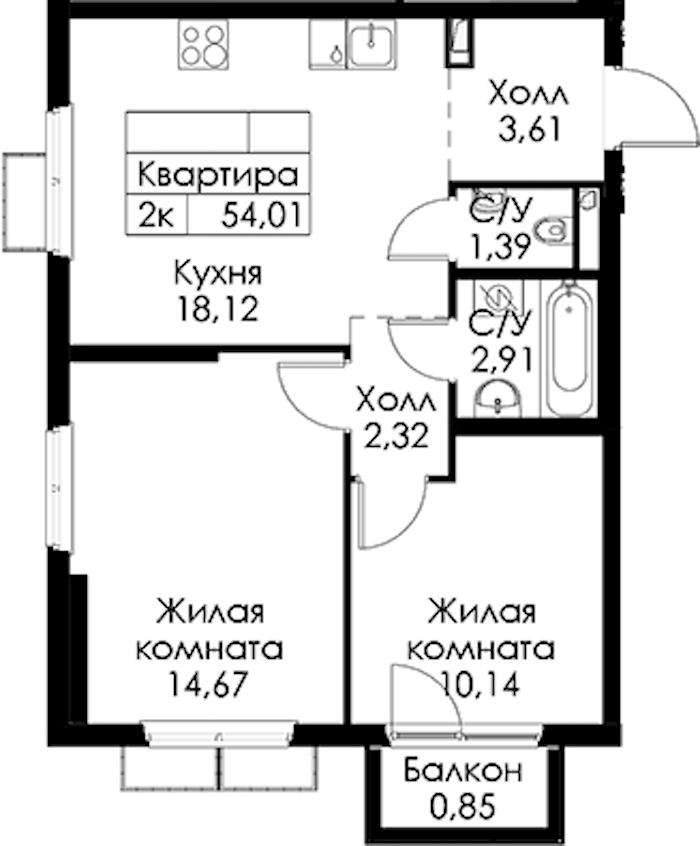 2-комнатная квартира 54.01 м², 7/15 эт., ЖК «Янинский лес»